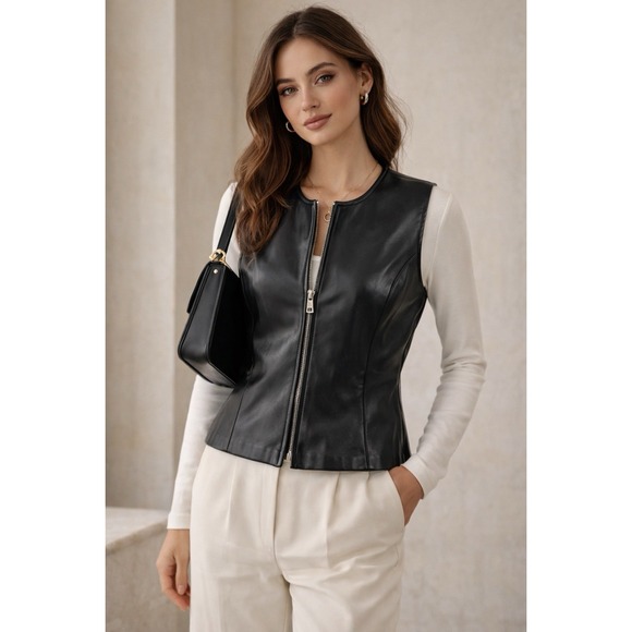 Talbots Jackets & Blazers - Talbots Leather Vest Sz 10 Women's Lined Black NWT Org $198 Quiet Luxury Edgy